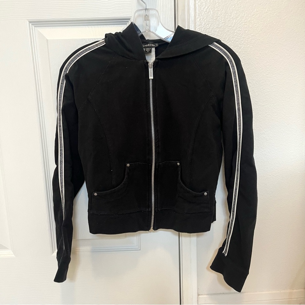 Bebe Y2K Black Zip-Up Hoodie with White Stripe